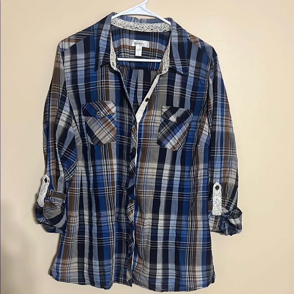 Blue and Brown Plaid Button-Up Shirt